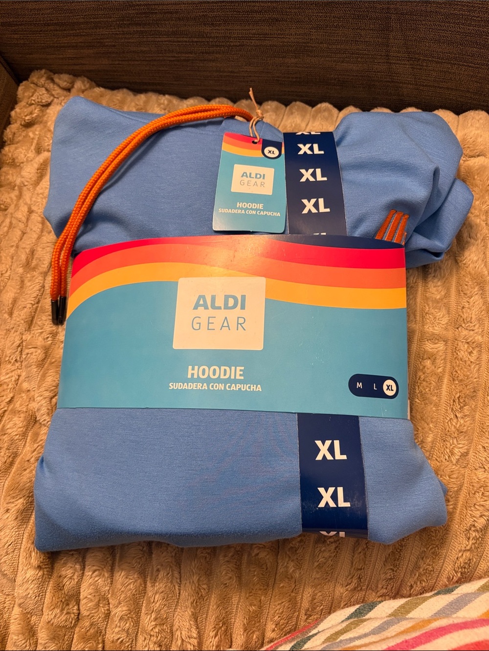 ALDI GEAR Light Blue Pullover Hoodie with Orange Drawcords